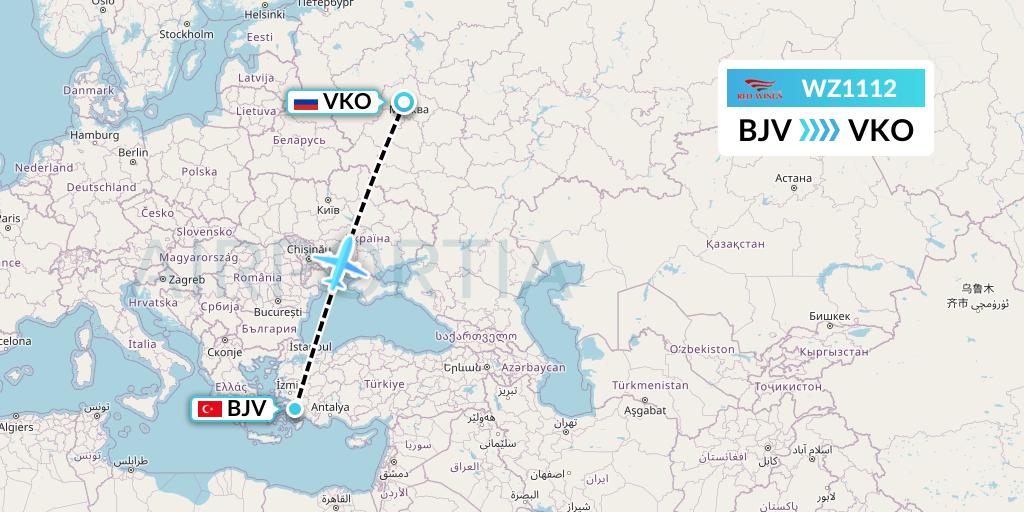 WZ1112 Red Wings Flight Map: Bodrum to Moscow