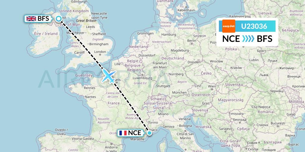 U23036 EasyJet Flight Map: Nice to Belfast
