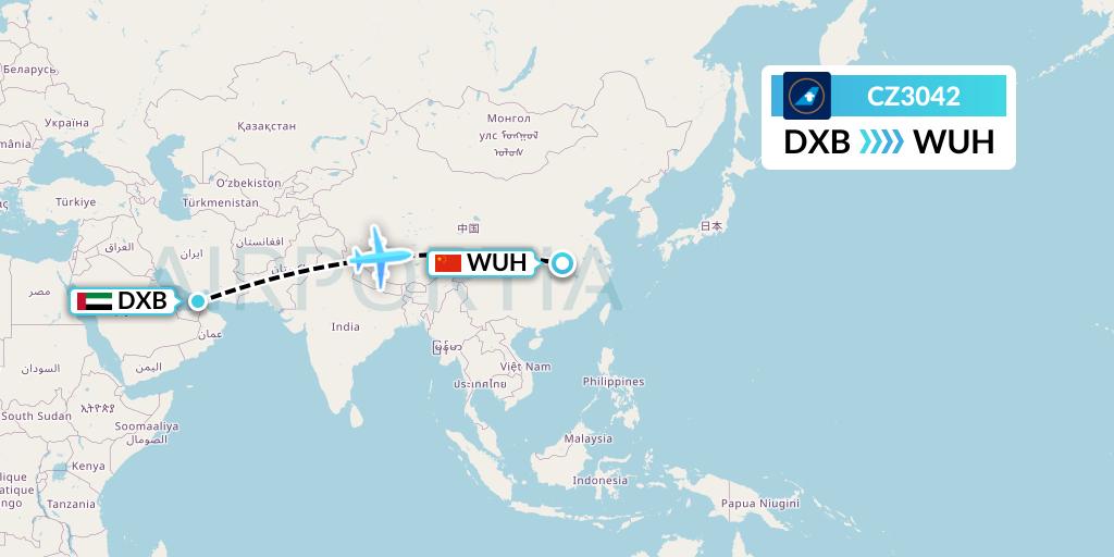 CZ3042 China Southern Airlines Flight Map: Dubai to Wuhan