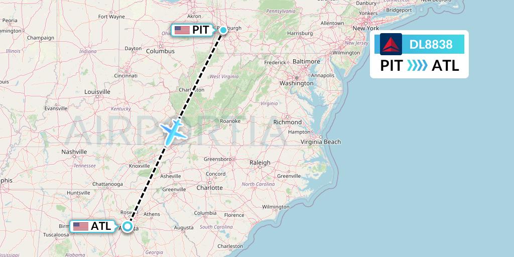 DL8838 Delta Air Lines Flight Map: Pittsburgh to Atlanta