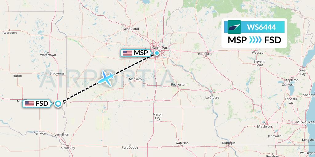WS6444 WestJet Flight Map: Minneapolis to Sioux Falls