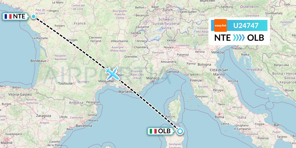 U24747 EasyJet Flight Map: Nantes to Olbia