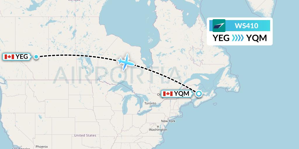 WS410 WestJet Flight Map: Edmonton to Moncton