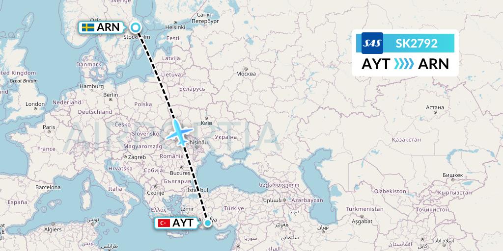 SK2792 SAS Flight Map: Antalya to Stockholm