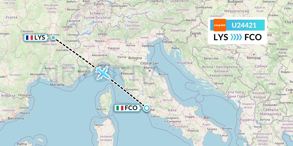 U24421 EasyJet Flight Map: Lyon to Rome