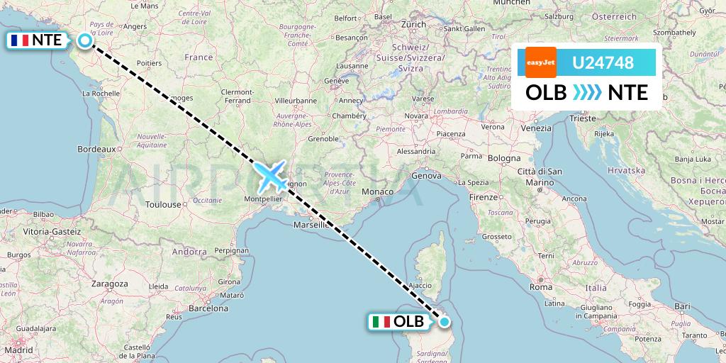 U24748 EasyJet Flight Map: Olbia to Nantes