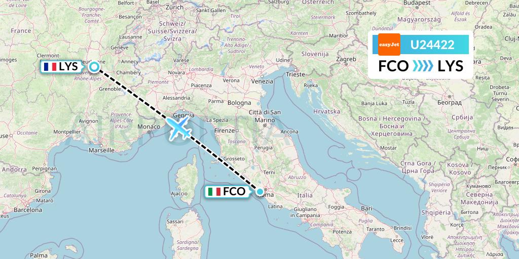 U24422 EasyJet Flight Map: Rome to Lyon