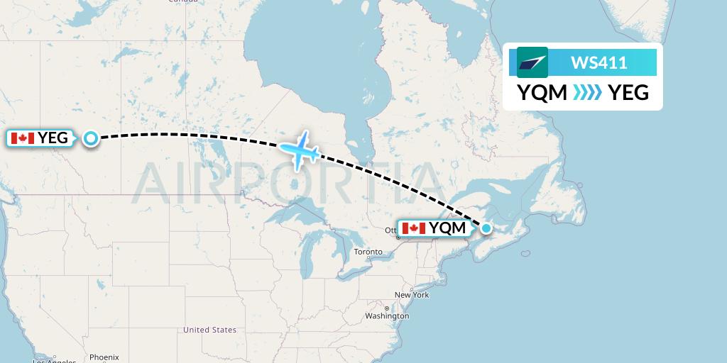 WS411 WestJet Flight Map: Moncton to Edmonton