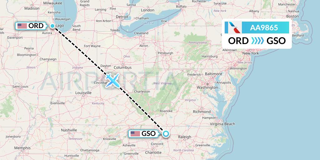 AA9865 American Airlines Flight Map: Chicago to Greensboro