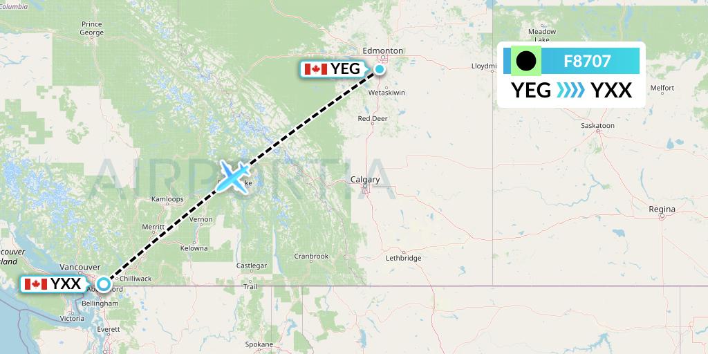 F8707 Flair Airlines Flight Map: Edmonton to Abbotsford