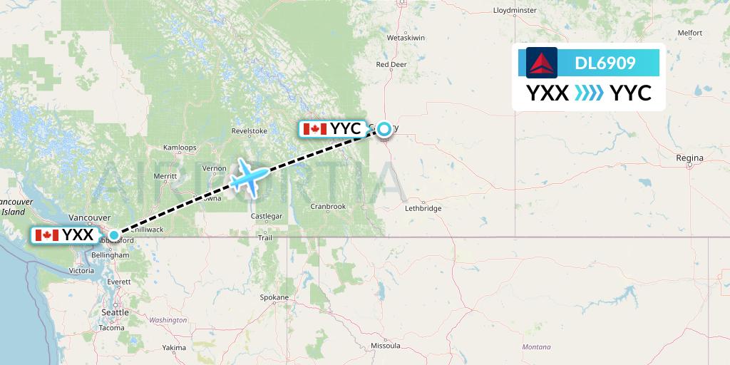 DL6909 Delta Air Lines Flight Map: Abbotsford to Calgary
