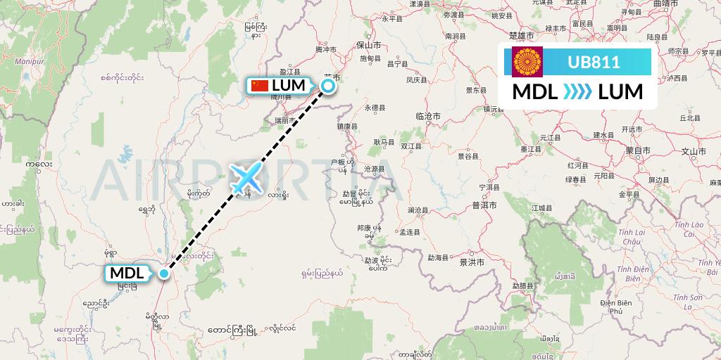 UB811 Myanmar National Airlines Flight Map: Mandalay to Mangshi