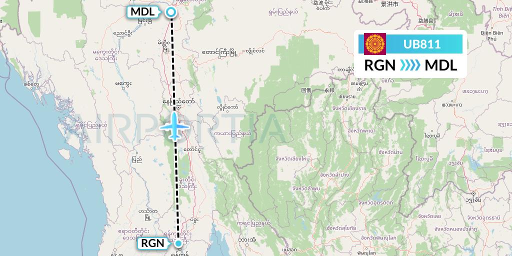 UB811 Myanmar National Airlines Flight Map: Yangon to Mandalay