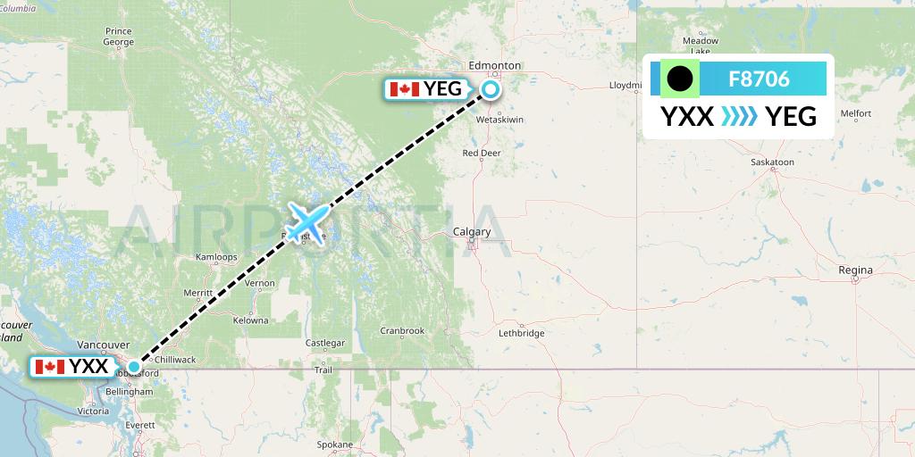 F8706 Flair Airlines Flight Map: Abbotsford to Edmonton