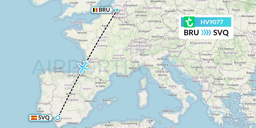 HV9077 Transavia Flight Map: Brussels to Seville