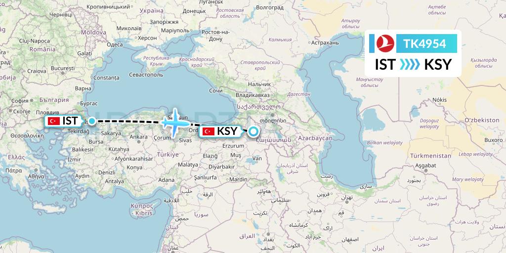 TK4954 Turkish Airlines Flight Map: Istanbul to Kars