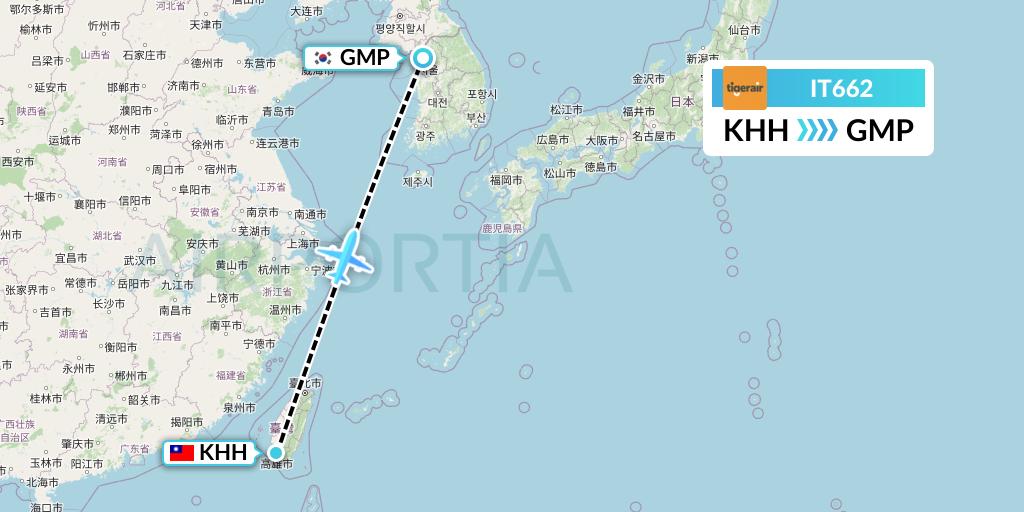 IT662 Tigerair Taiwan Flight Map: Kaohsiung to Seoul
