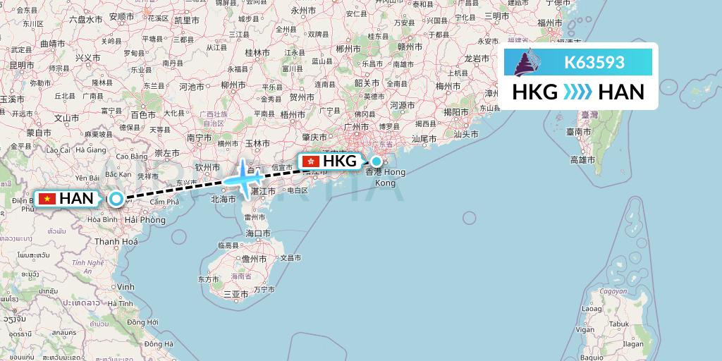 K63593 Cambodia Angkor Air Flight Map: Hong Kong to Hanoi