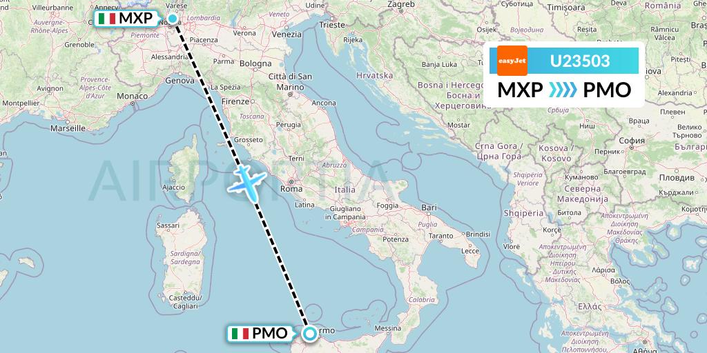 U23503 EasyJet Flight Map: Milan to Palermo