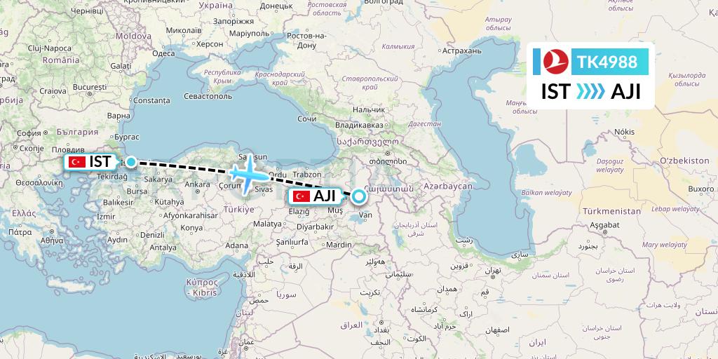 TK4988 Turkish Airlines Flight Map: Istanbul to Agri