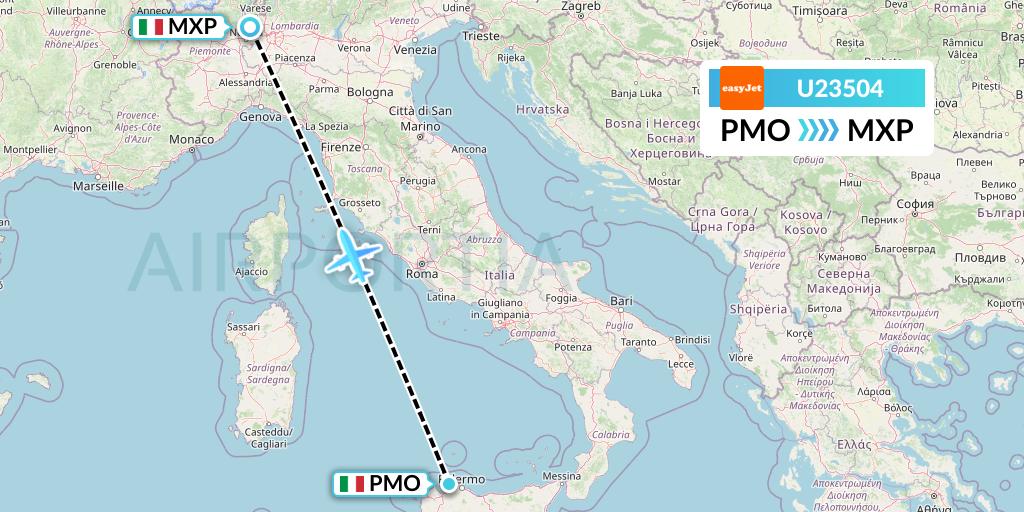 U23504 EasyJet Flight Map: Palermo to Milan
