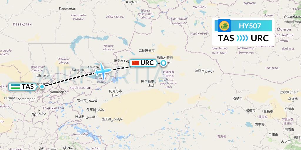 HY507 Uzbekistan Airways Flight Map: Tashkent to Urumqi
