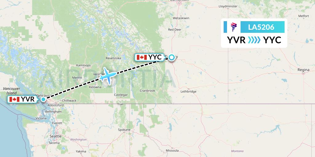 LA5206 LAN Airlines Flight Map: Vancouver to Calgary