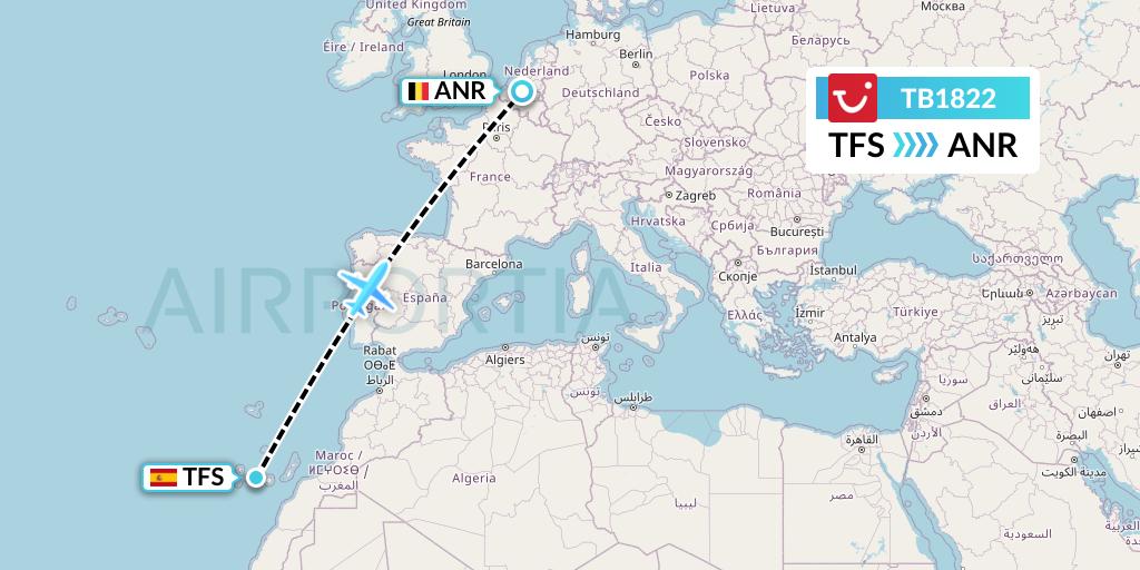 TB1822 TUI fly Belgium Flight Map: Tenerife to Antwerp