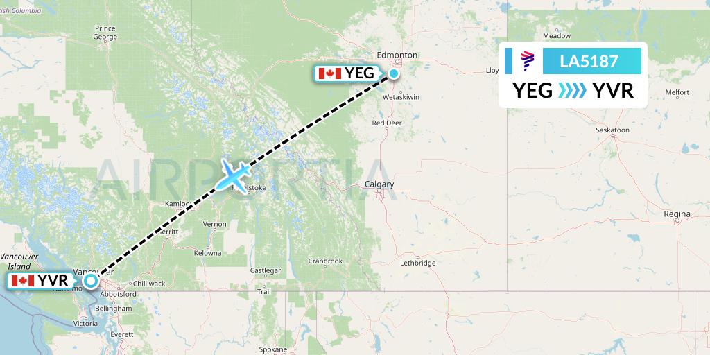 LA5187 LAN Airlines Flight Map: Edmonton to Vancouver