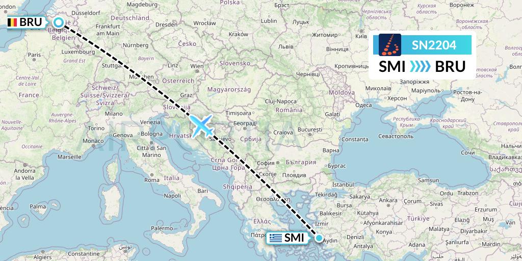 SN2204 Brussels Airlines Flight Map: Samos to Brussels