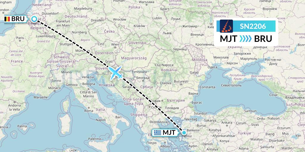 SN2206 Brussels Airlines Flight Map: Mytilene to Brussels
