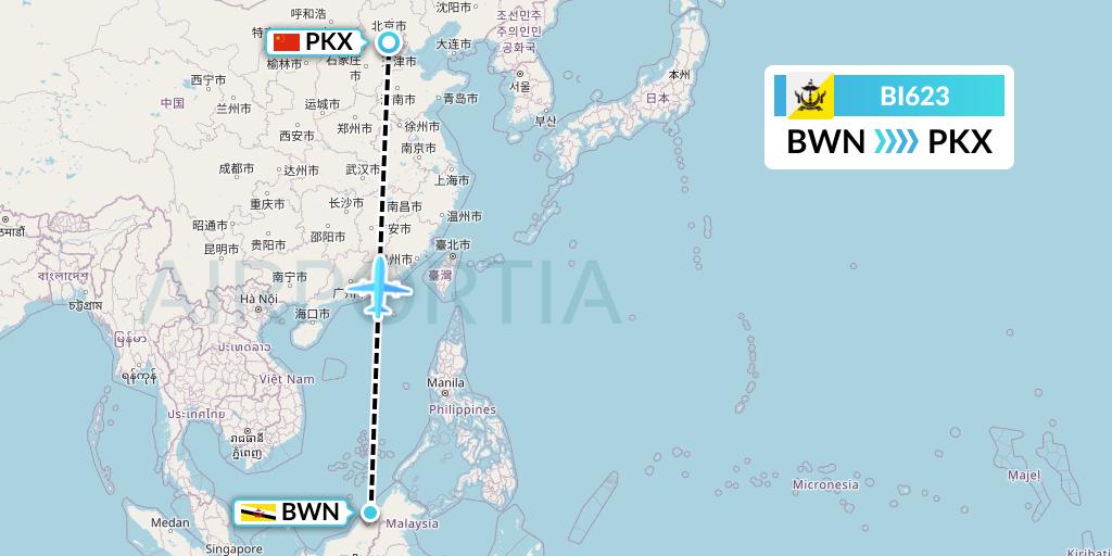 BI623 Royal Brunei Airlines Flight Map: Brunei to Beijing