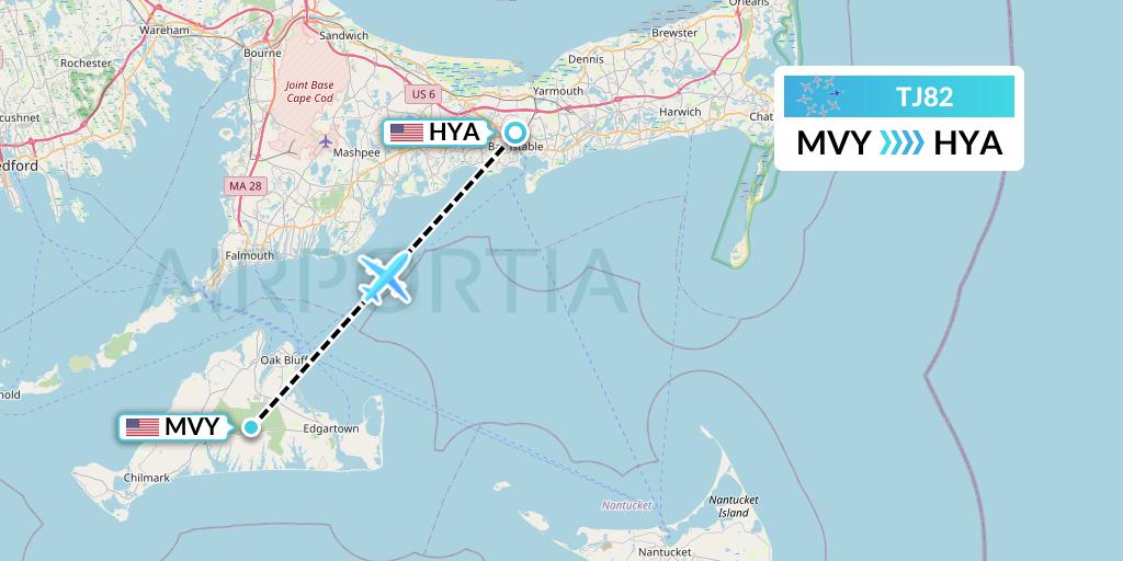 TJ82 Tradewind Aviation Flight Map: Martha's Vineyard to Hyannis