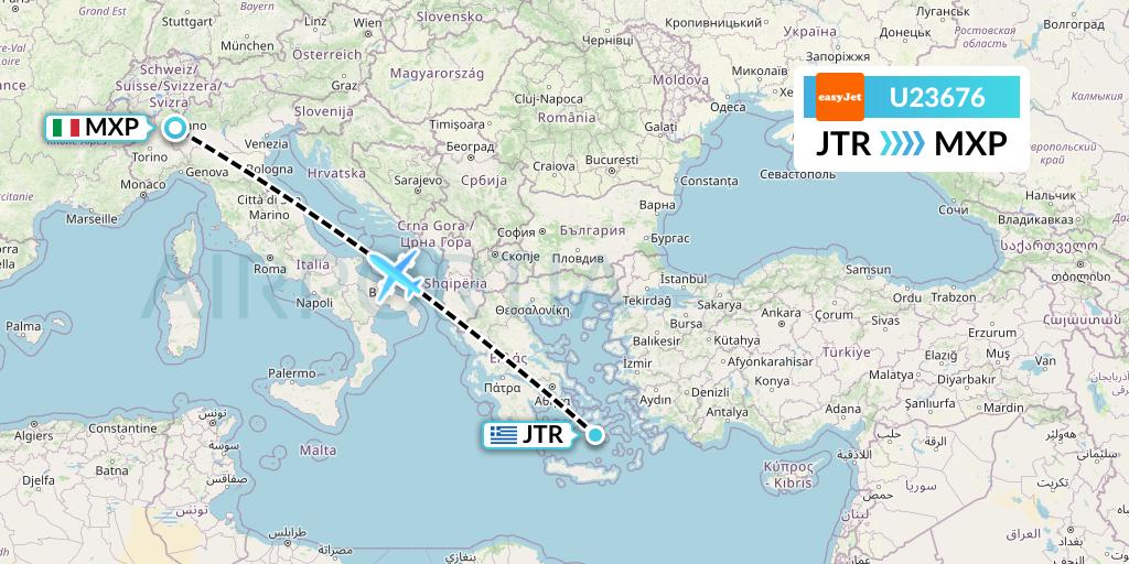 U23676 EasyJet Flight Map: Santorini to Milan