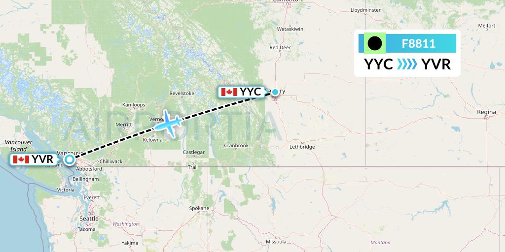 F8811 Flair Airlines Flight Map: Calgary to Vancouver