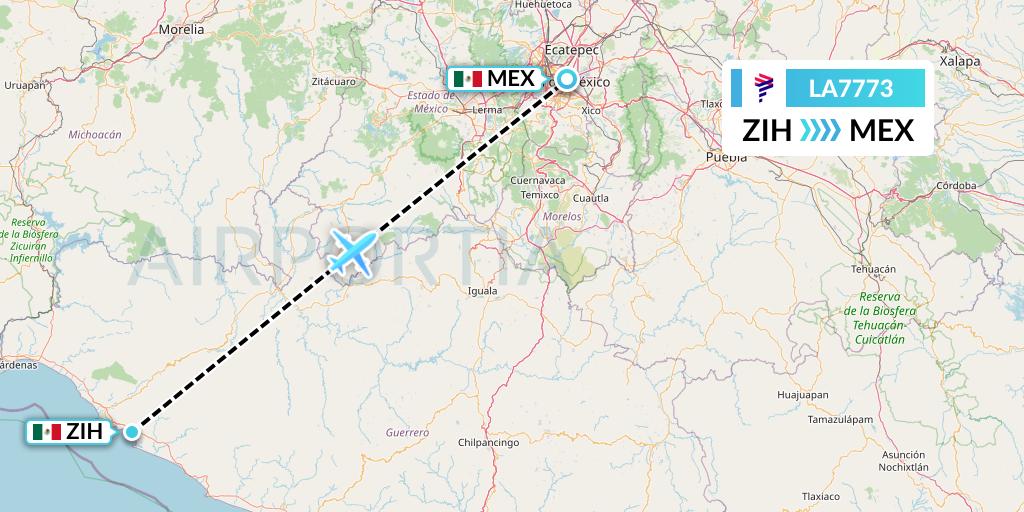 LA7773 LAN Airlines Flight Map: Zihuatanejo to Mexico City