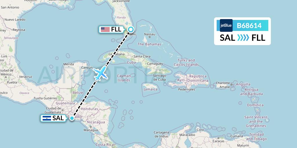 B68614 JetBlue Airways Flight Map: San Salvador to Fort Lauderdale