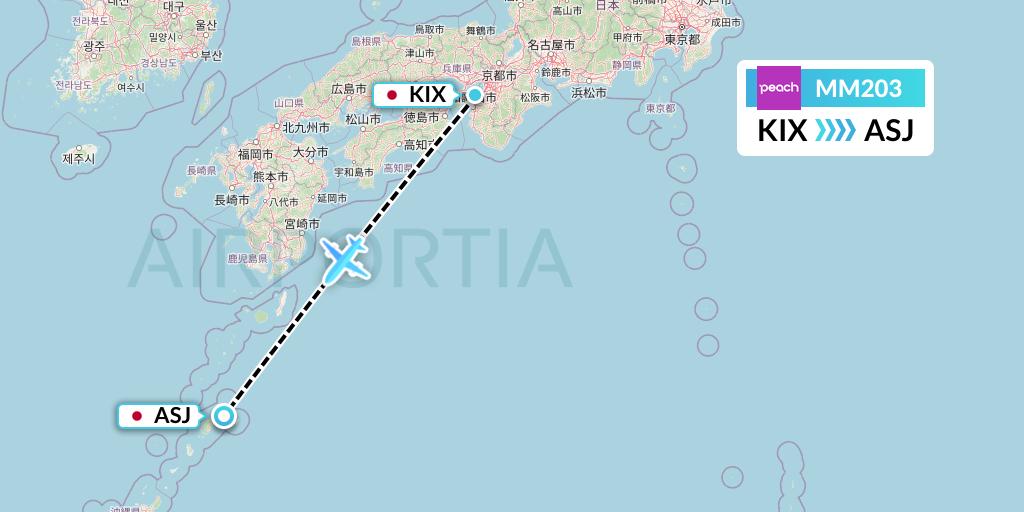 MM203 Peach Aviation Flight Map: Osaka to Amami