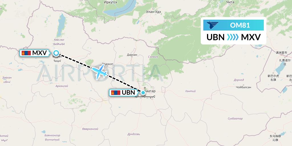 OM81 MIAT Mongolian Airlines Flight Map: Ulan Bator to Moron