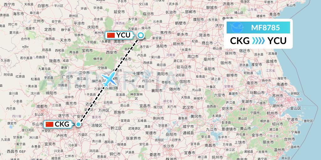 MF8785 Xiamen Airlines Flight Map: Chongqing to Yuncheng