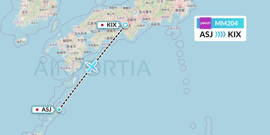 MM204 Peach Aviation Flight Map: Amami to Osaka