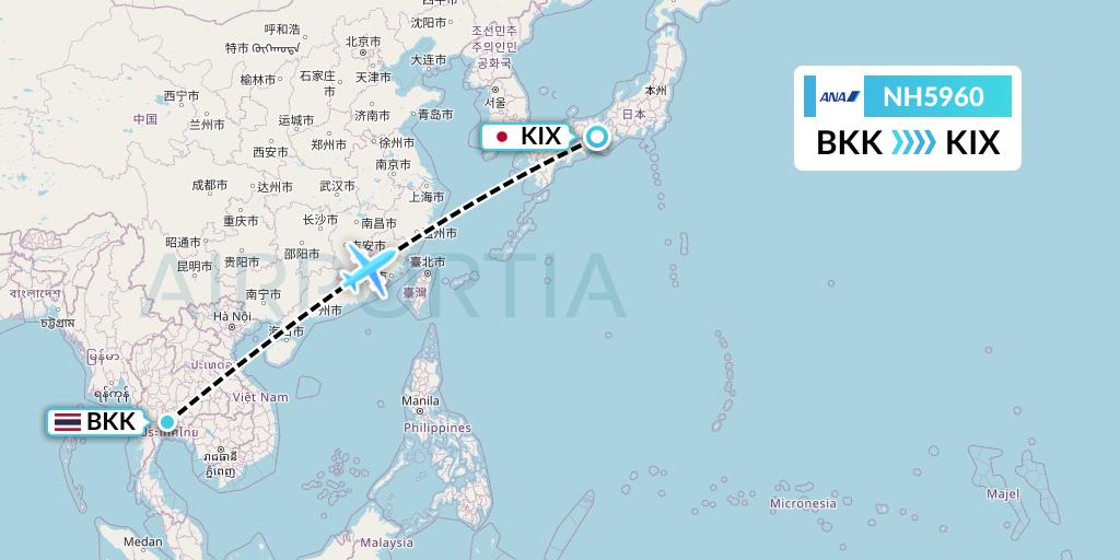 NH5960 All Nippon Airways Flight Map: Bangkok to Osaka