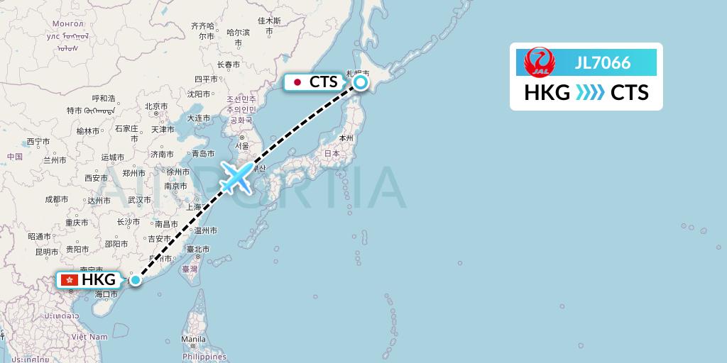 JL7066 Japan Airlines Flight Map: Hong Kong to Sapporo