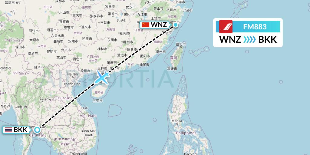 FM883 Shanghai Airlines Flight Map: Wenzhou to Bangkok