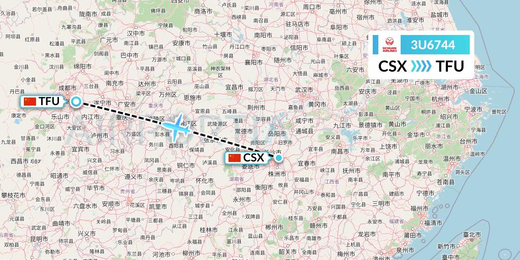 3U6744 Sichuan Airlines Flight Map: Changsha to Chengdu