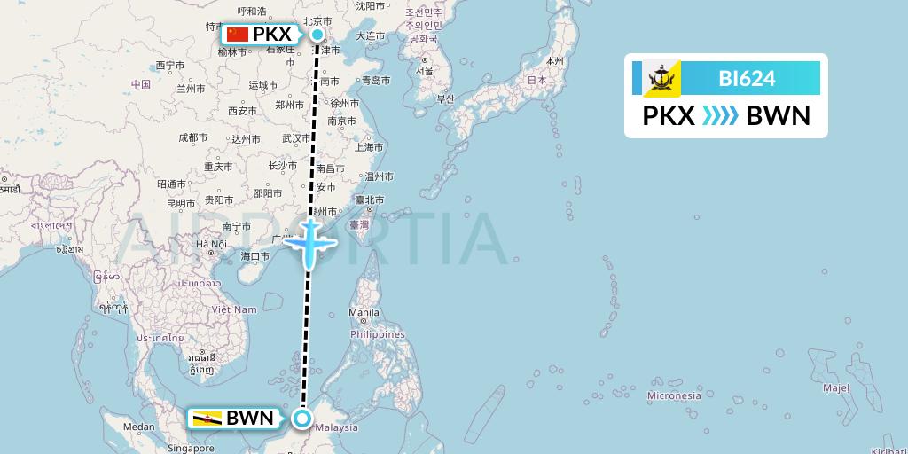 BI624 Royal Brunei Airlines Flight Map: Beijing to Brunei