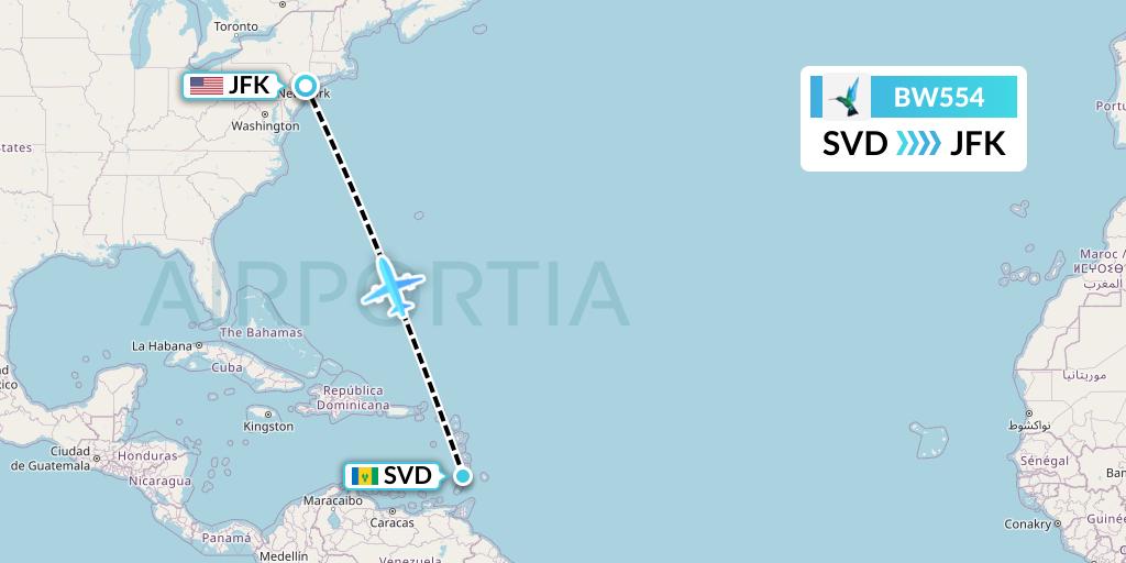 BW554 Caribbean Airlines Flight Map: Kingstown to New York