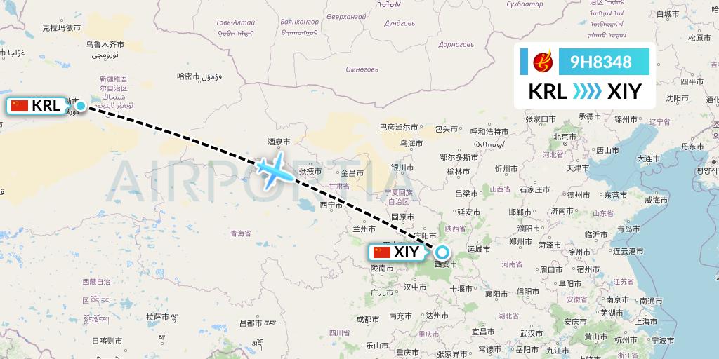 9H8348 Air Changan Flight Map: Korla to Xi'an