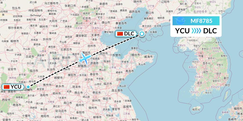 MF8785 Xiamen Airlines Flight Map: Yuncheng to Dalian