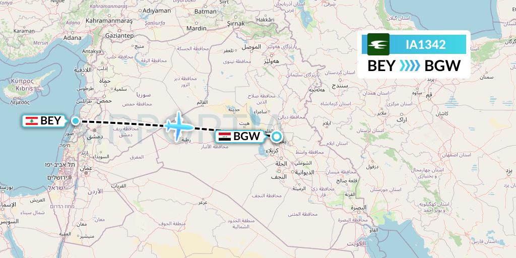 IA1342 Iraqi Airways Flight Map: Beirut to Baghdad